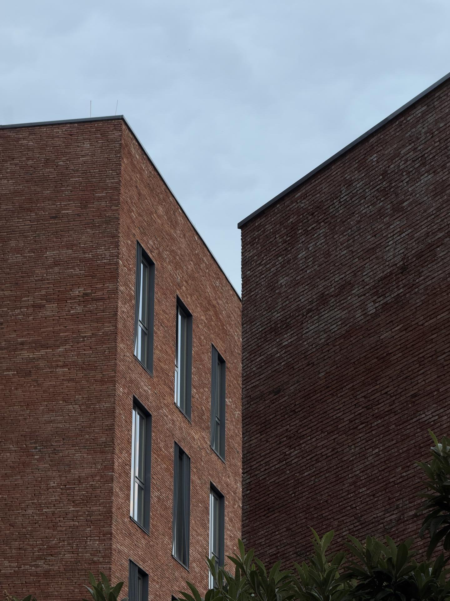 Urbanity, brick apartment buildings against an overcast sky